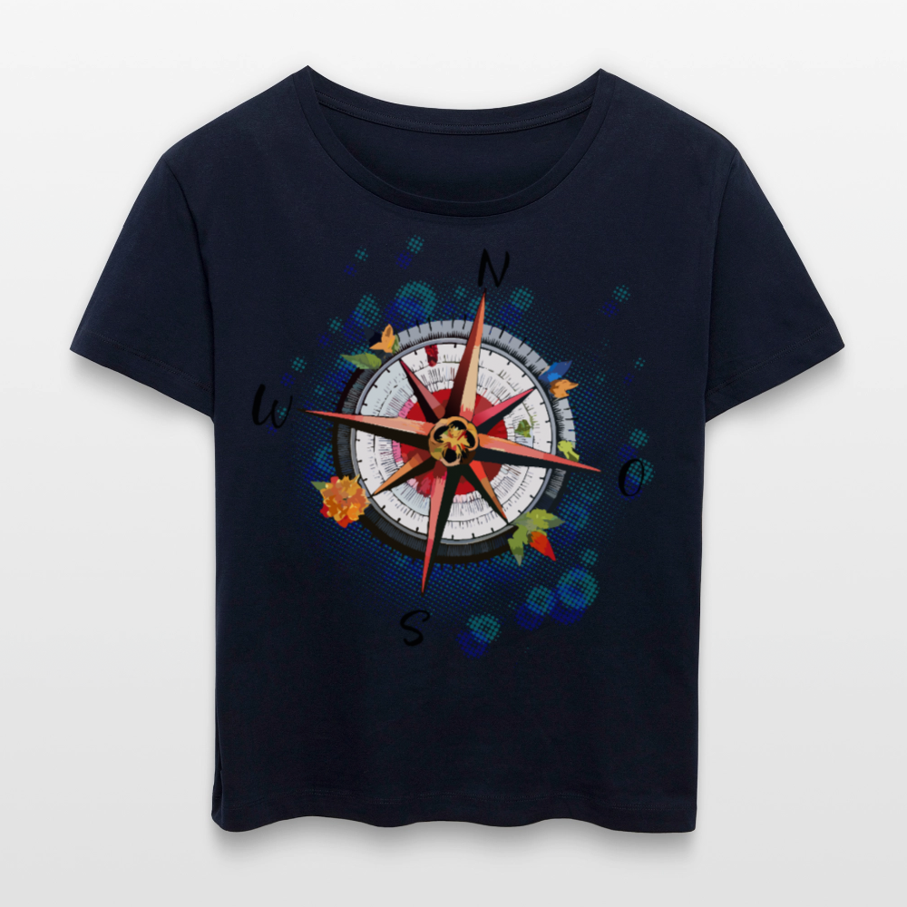 Frauen Rundhals T-Shirt mit WINDROSE PRINT - Navy