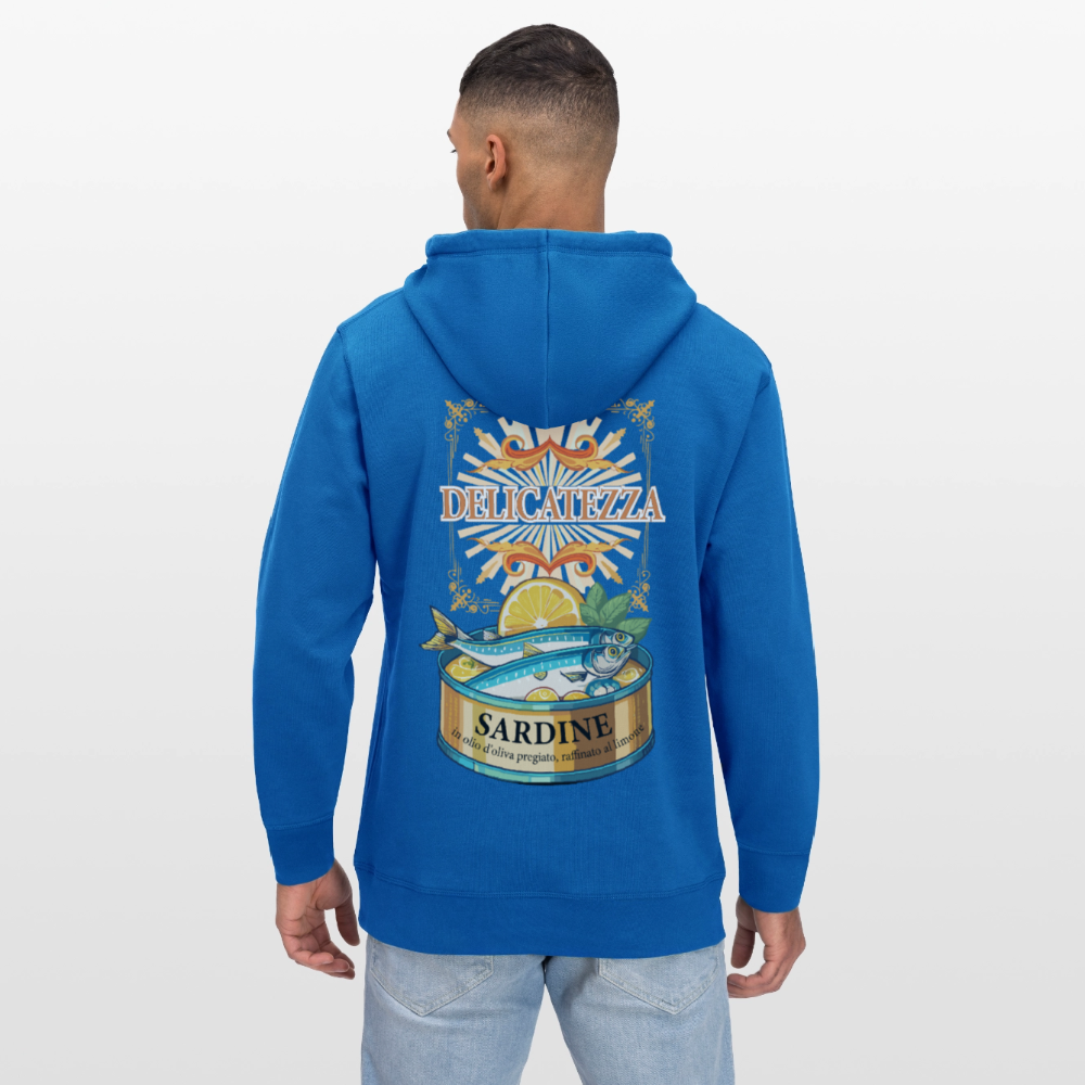 Unisex Bio-Hoodie mit DELICATEZZA SARDINE PRINT Rückseite - Königsblau