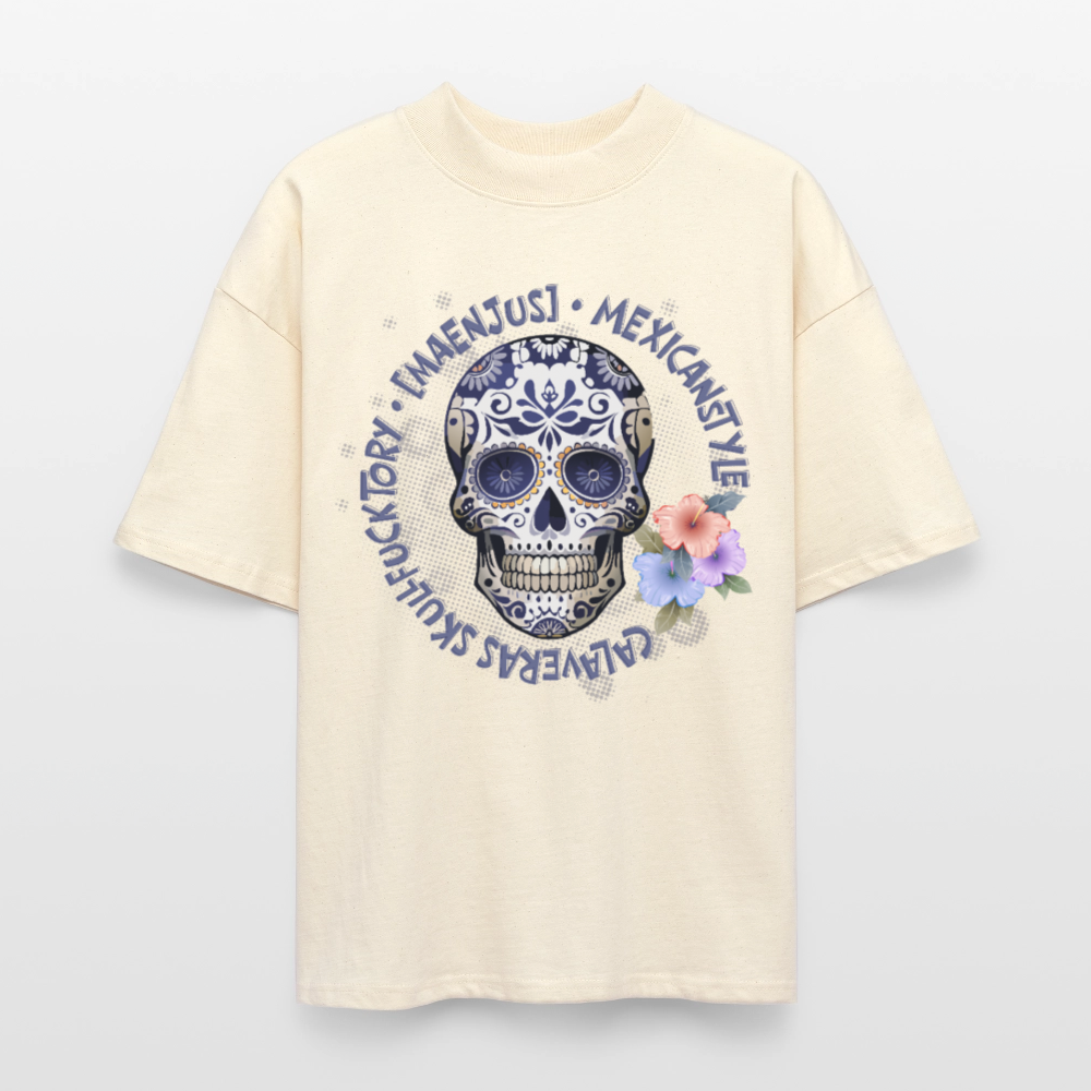 Oversized Unisex Bio T-Shirt mit MAENJUS MEXICANSTYLE PRINT Vorderseite - Weißgrau