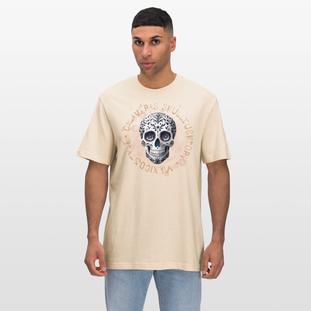 Relaxed Fit Unisex Bio-T-Shirt mit CALAVERAS SKULL PRINT Vorderseite - Weißgrau