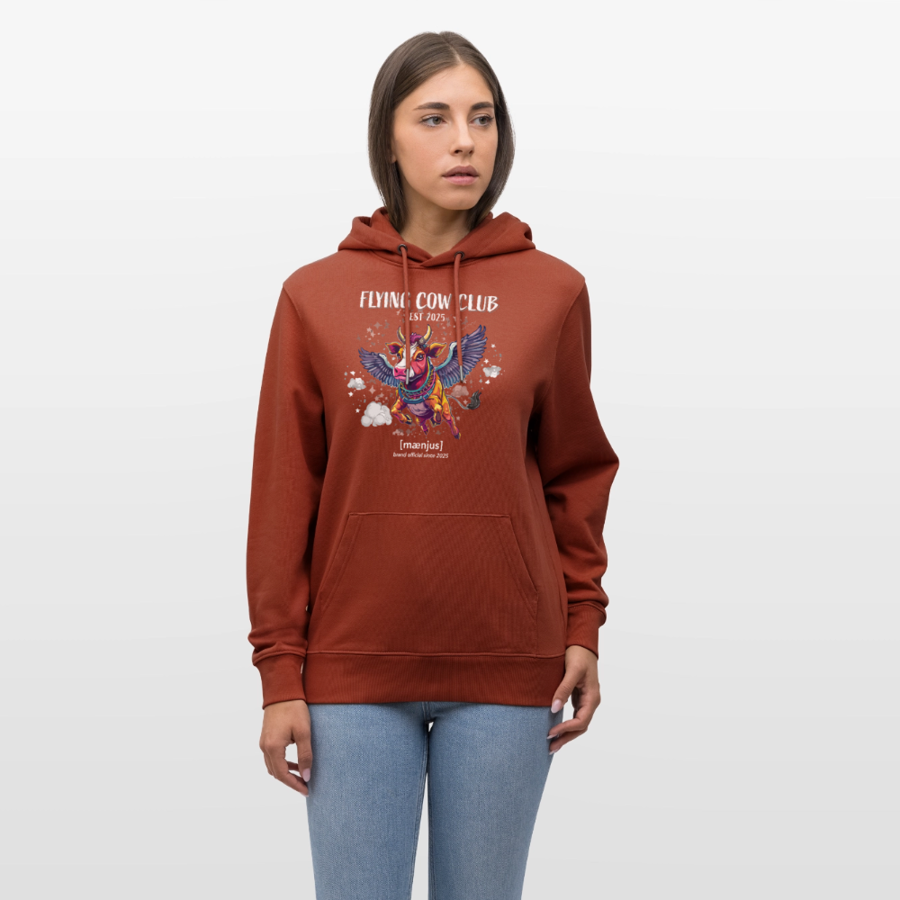 Unisex Bio-Hoodie mit FLYING COW CLUB PRINT Vorderseite - Terrakotta