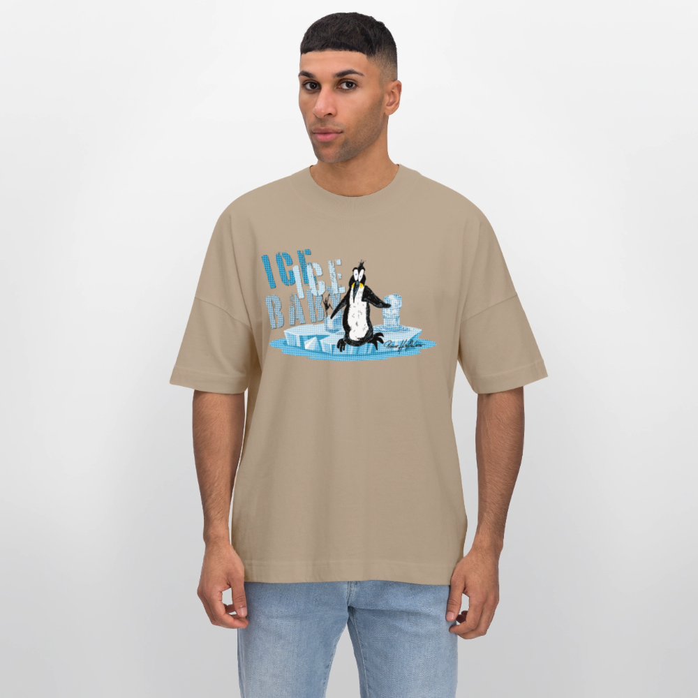 Oversized Unisex Bio T-Shirt mit ICE ICE BABY PINGUIN PRINT - Steingrau