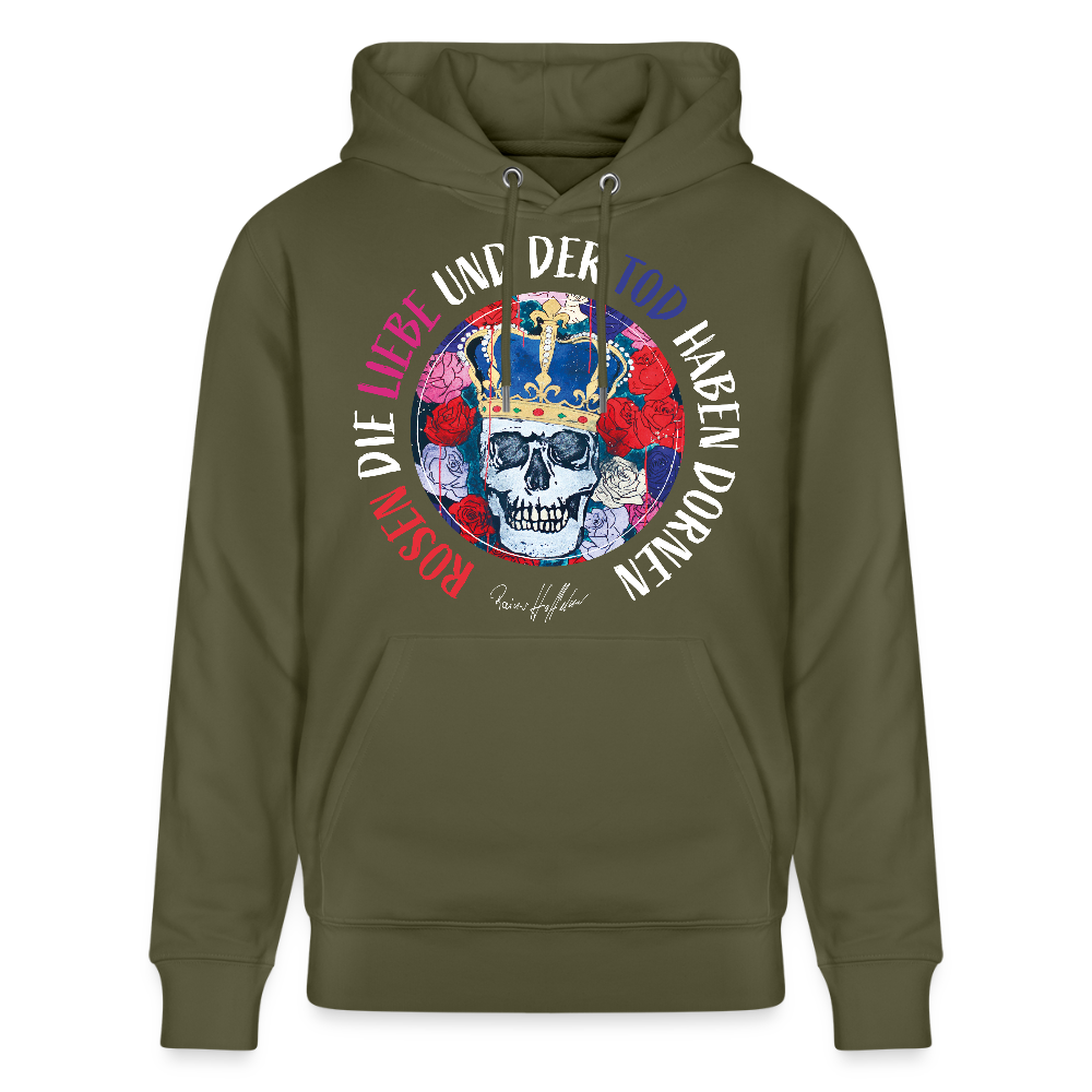 Unisex Hoodie mit ROSEN DIE LIEBE UND DER TOD HABEN DORNEN PRINT - Khaki Grün