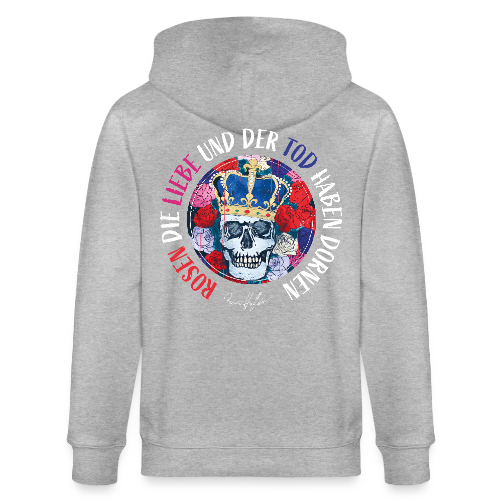 Unisex Bio-Kapuzenjacke mit ROSEN DIE LIEBE UND DER TOD HABEN DORNEN PRINT - Grau meliert