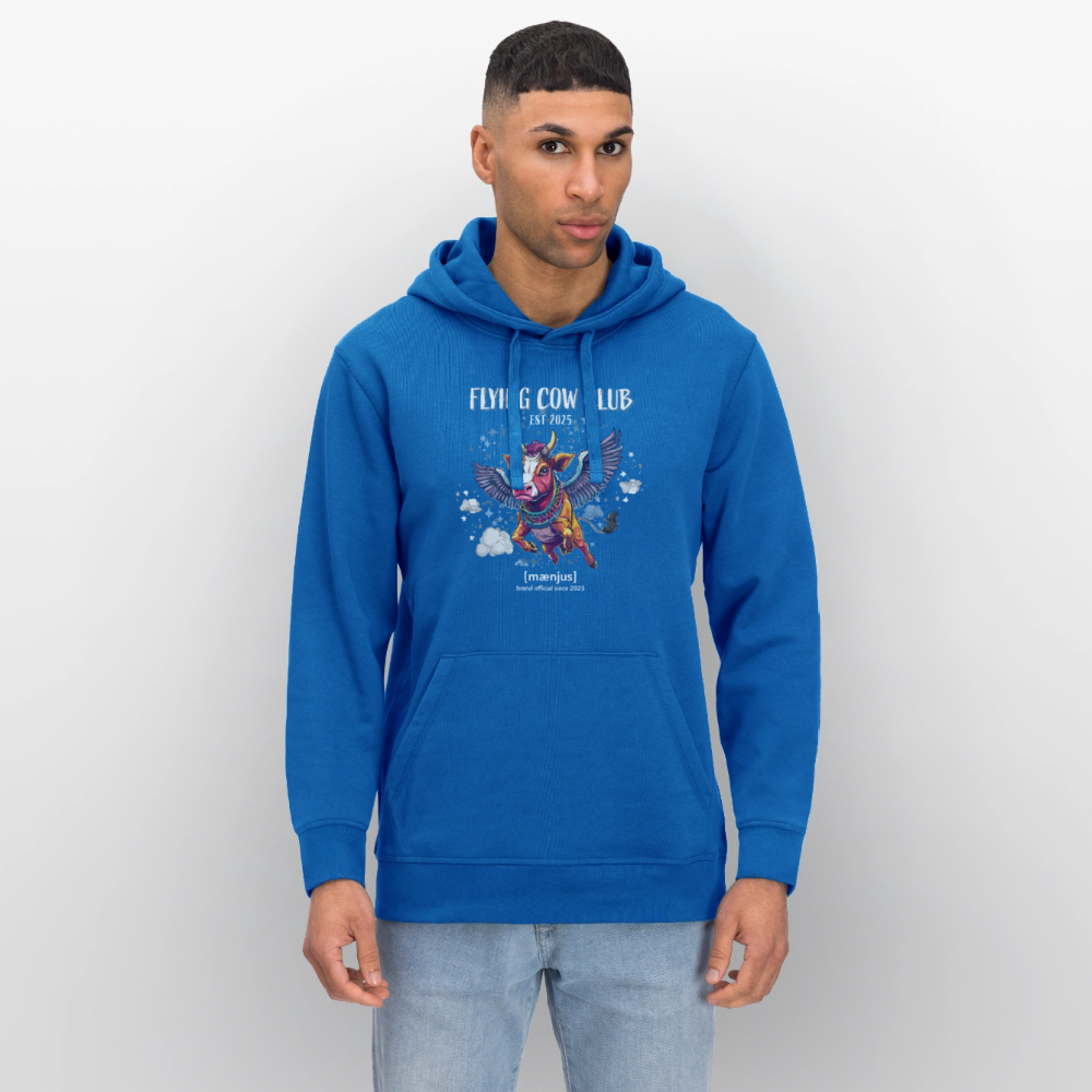 Unisex Bio-Hoodie mit FLYING COW CLUB PRINT Vorderseite - Königsblau