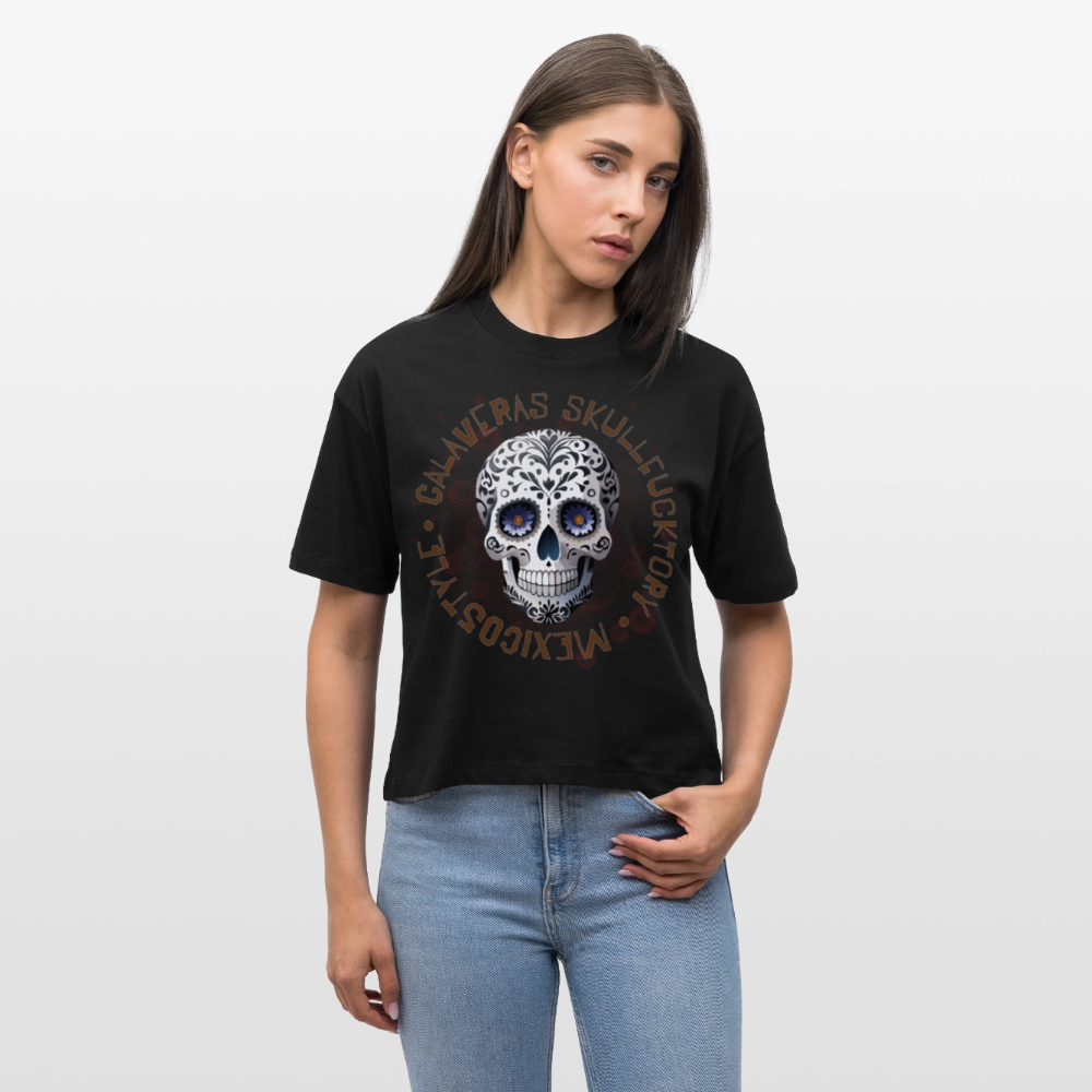 Frauen Boxy Bio-T-Shirt mit CALAVERAS SKULL PRINT - Schwarz