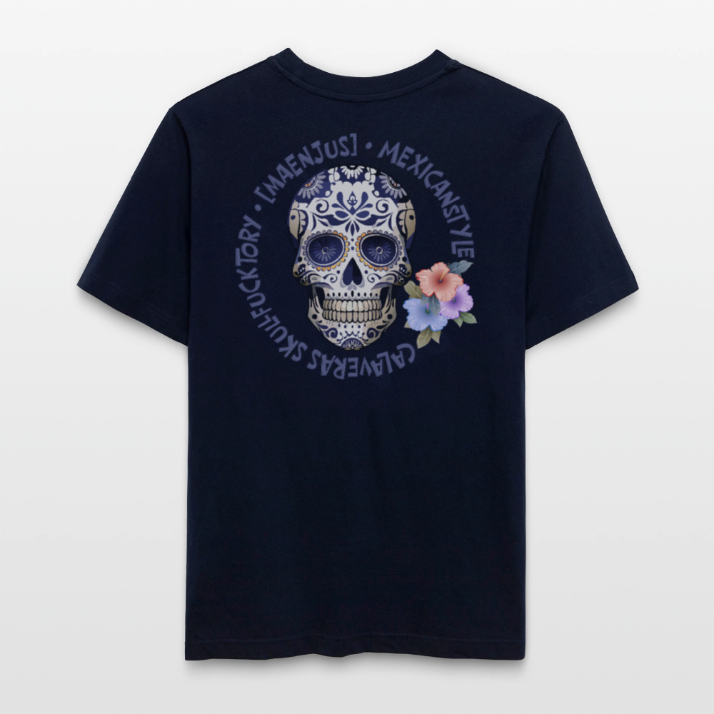 Relaxed Fit Unisex Bio-T-Shirt mit MAENJUS MEXICANSTYLE PRINT Vorder- und Rückseite - Navy
