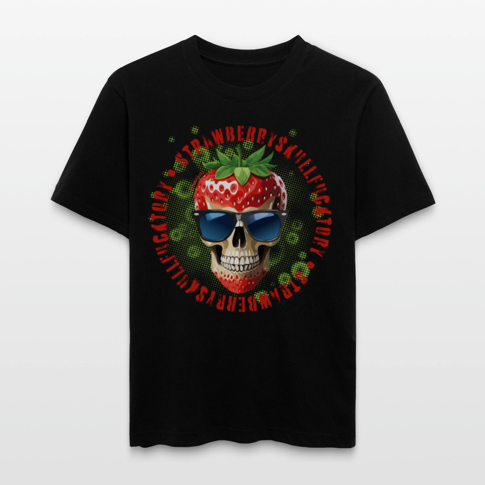 Relaxed Fit Unisex Bio-T-Shirt mit STRAWBERRY SKULL PRINT Vorderseite - Schwarz
