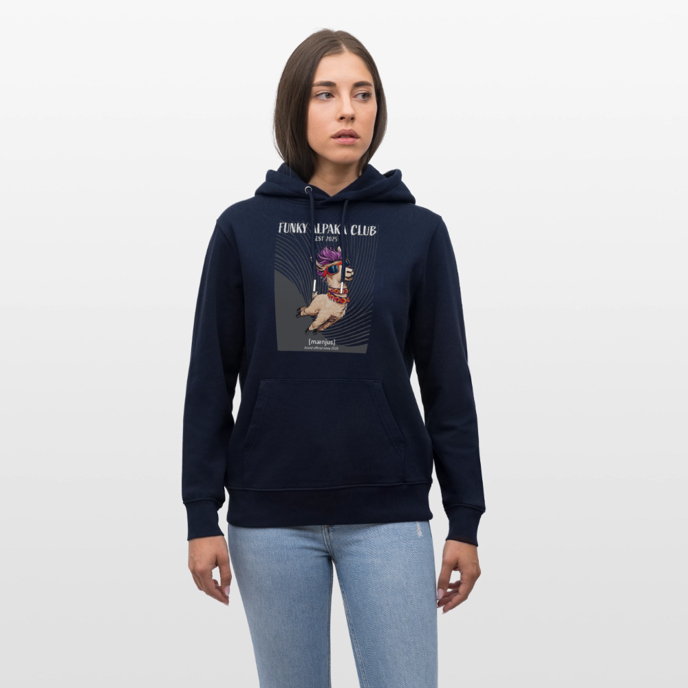 Unisex Bio-Hoodie mit FUNKY ALPAKA CLUB PRINT Vorderseite - Navy