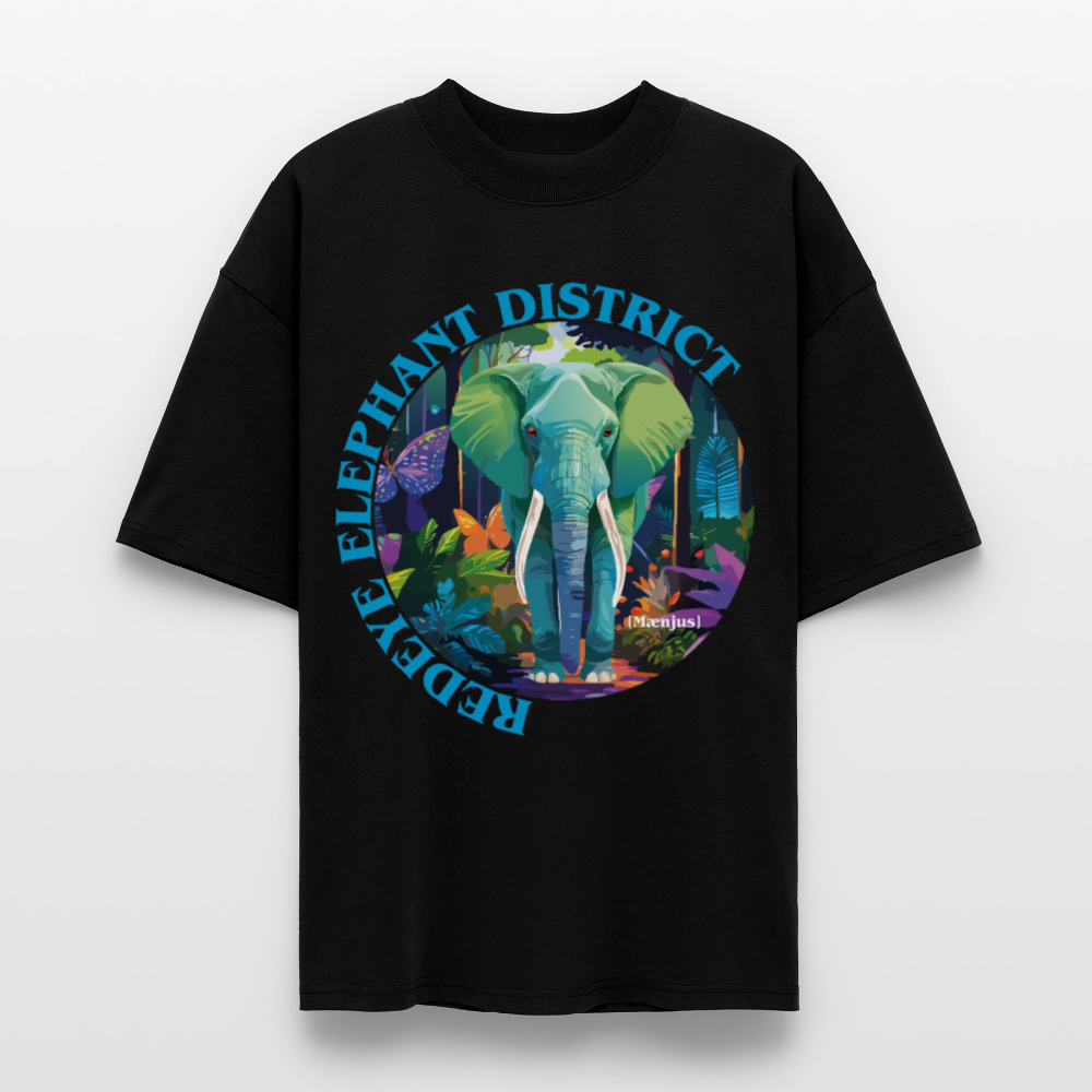 Oversized Unisex T-Shirt mit REDEYE ELEPHANT DISTRICT PRINT Vorderseite - Schwarz