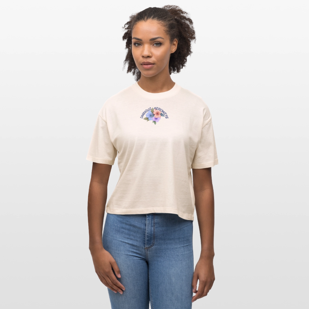 Frauen Boxy Bio-T-Shirt mit MAENJUS MEXICANSTYLE PRINT Vorder- und Rückseite - Weißgrau