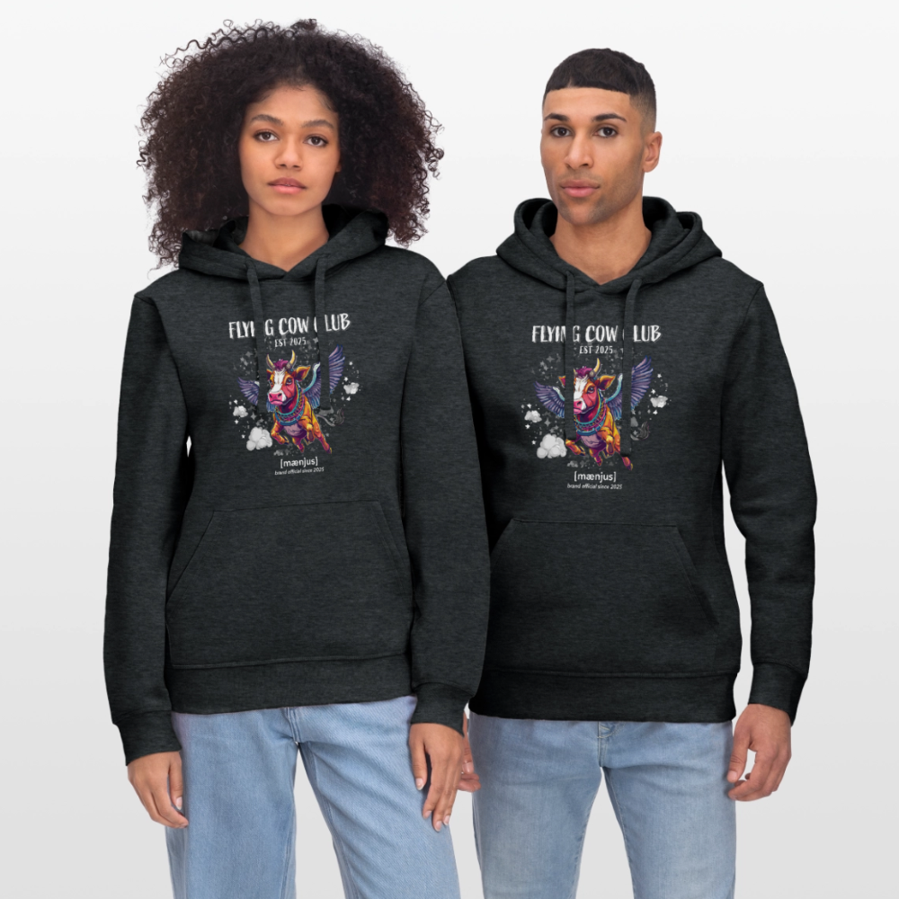 Unisex Bio-Hoodie mit FLYING COW CLUB PRINT Vorderseite - Dunkelgrau meliert