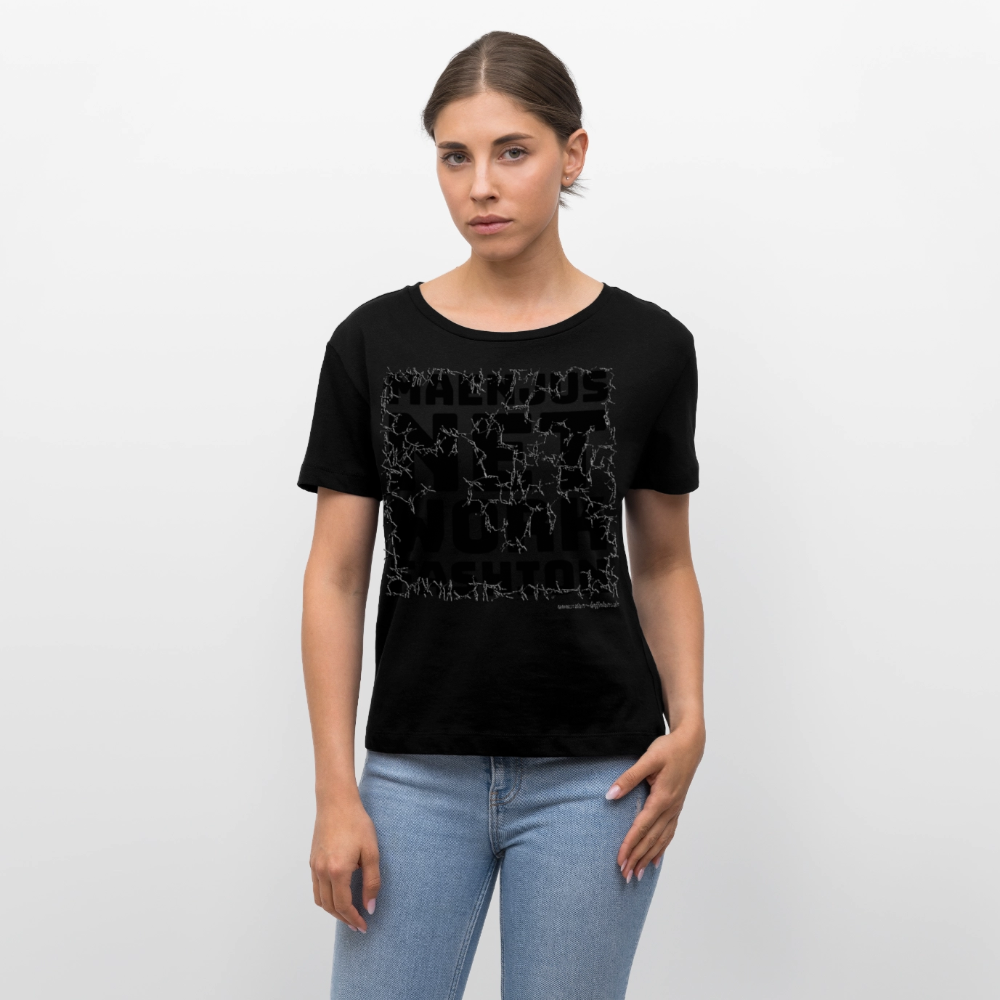 Relaxed Rundhals Frauen Bio-T-Shirt mit MAENJUS NETWORK FASHION PRINT - Schwarz