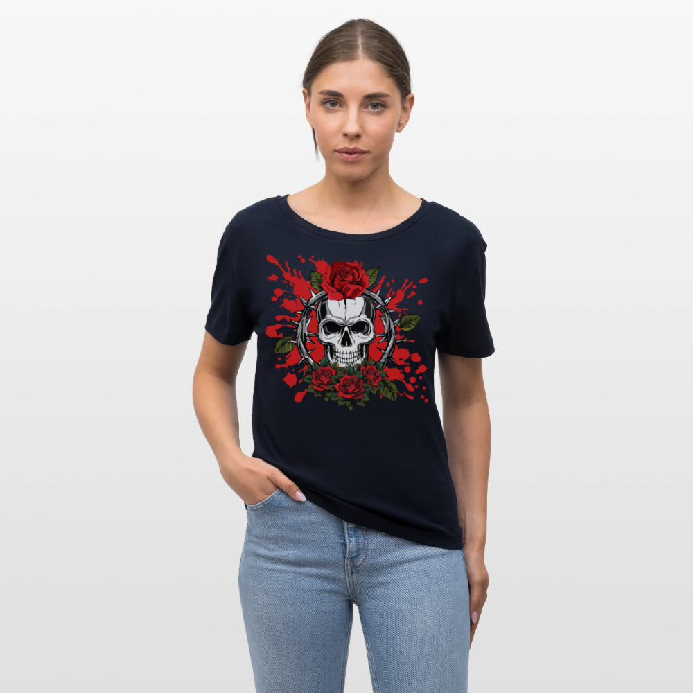 Frauen T-Shirt mit ROSEN SKULL PRINT - Navy