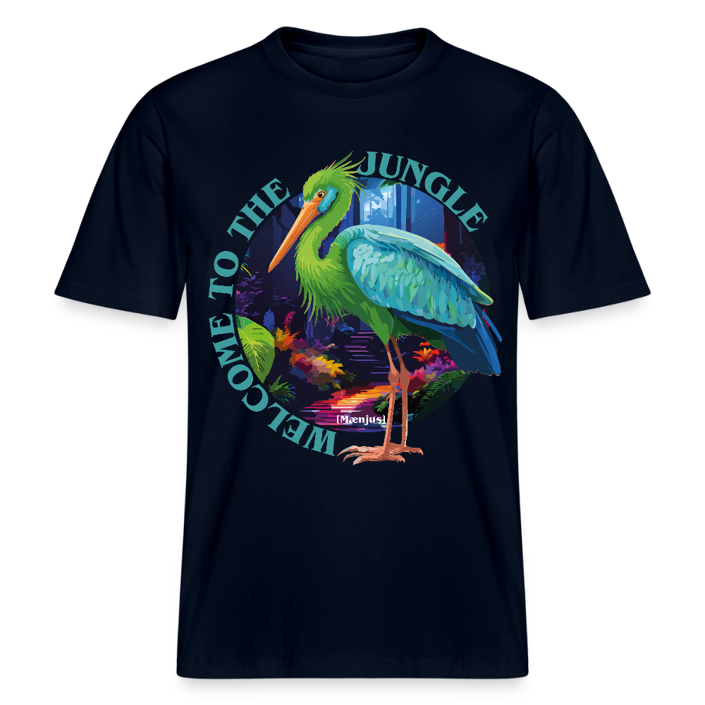 Relaxed Fit Unisex Bio-T-Shirt mit WELCOME TO THE JUNGLE PRINT Vorderseite - Navy