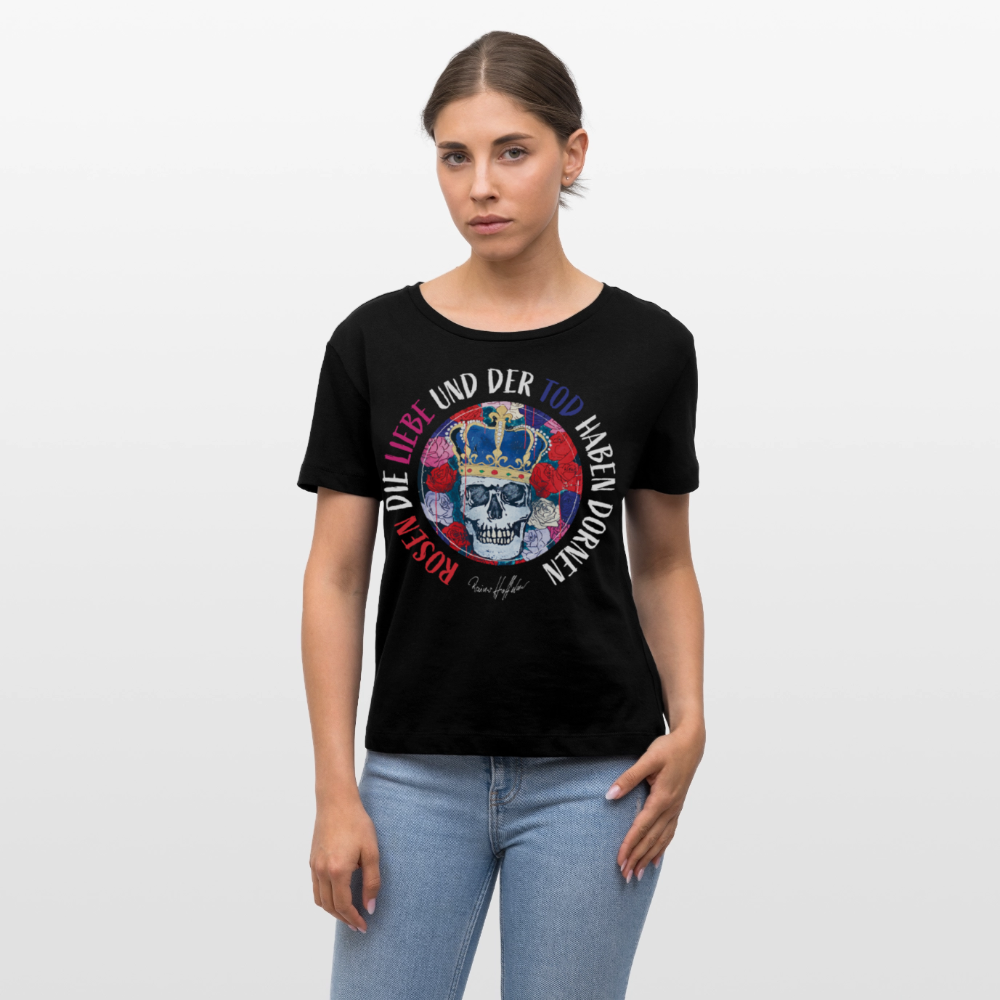 Frauen T-Shirt mit ROSEN DIE LIEBE UND DER TOD HABEN DORNEN PRINT - Schwarz