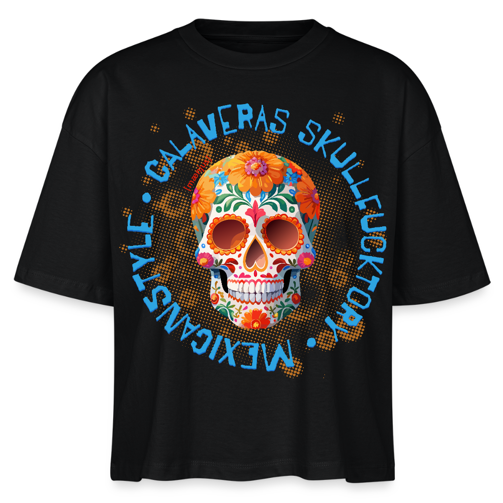 Frauen Boxy Bio-T-Shirt mit CALAVERAS SKULL PRINT - Schwarz