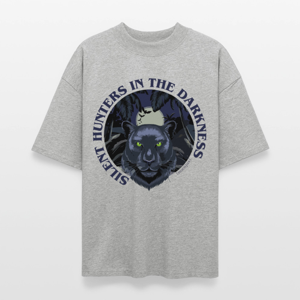 Oversized Unisex Bio T-Shirt mit SILENT HUNTERS IN THE DARKNESS PRINT Vorderseite - Grau meliert