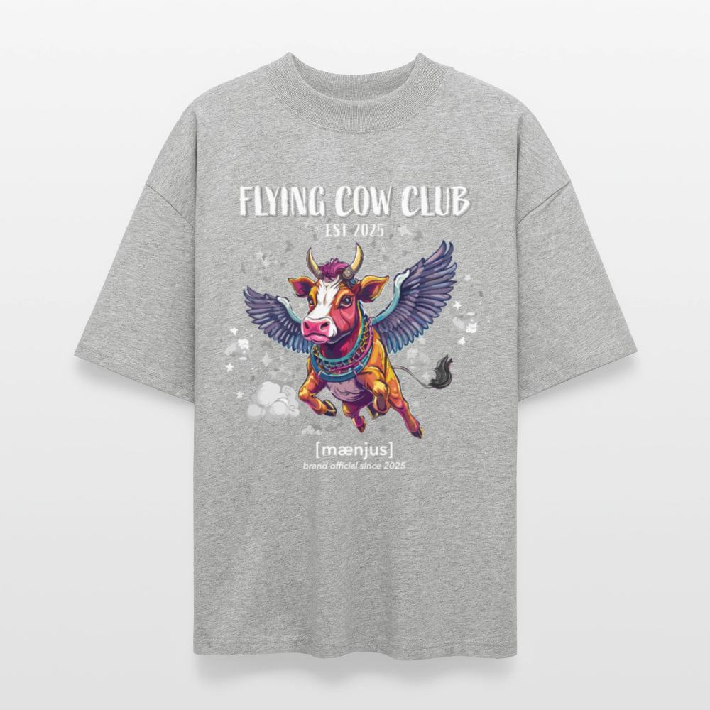 Oversized Unisex Bio T-Shirt mit FLYING COW CLUB PRINT Vorderseite - Grau meliert