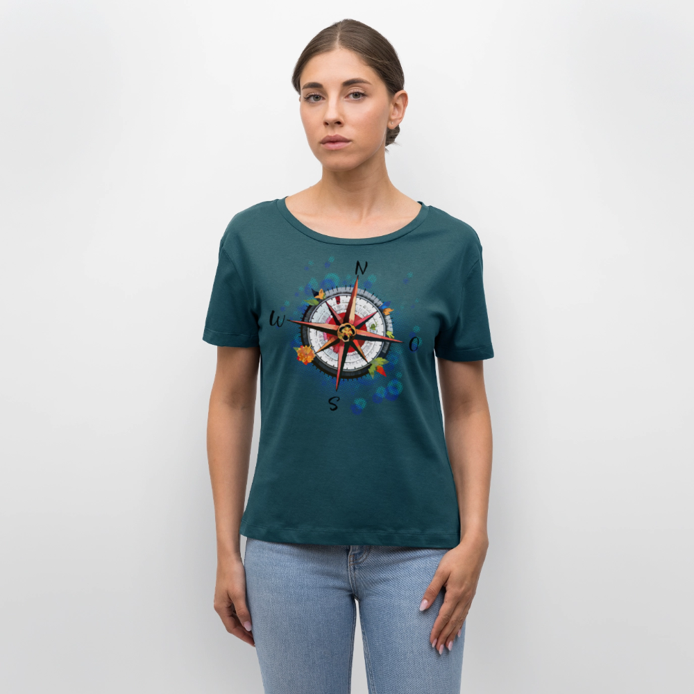 Frauen Rundhals T-Shirt mit WINDROSE PRINT - Dunkles Petrol