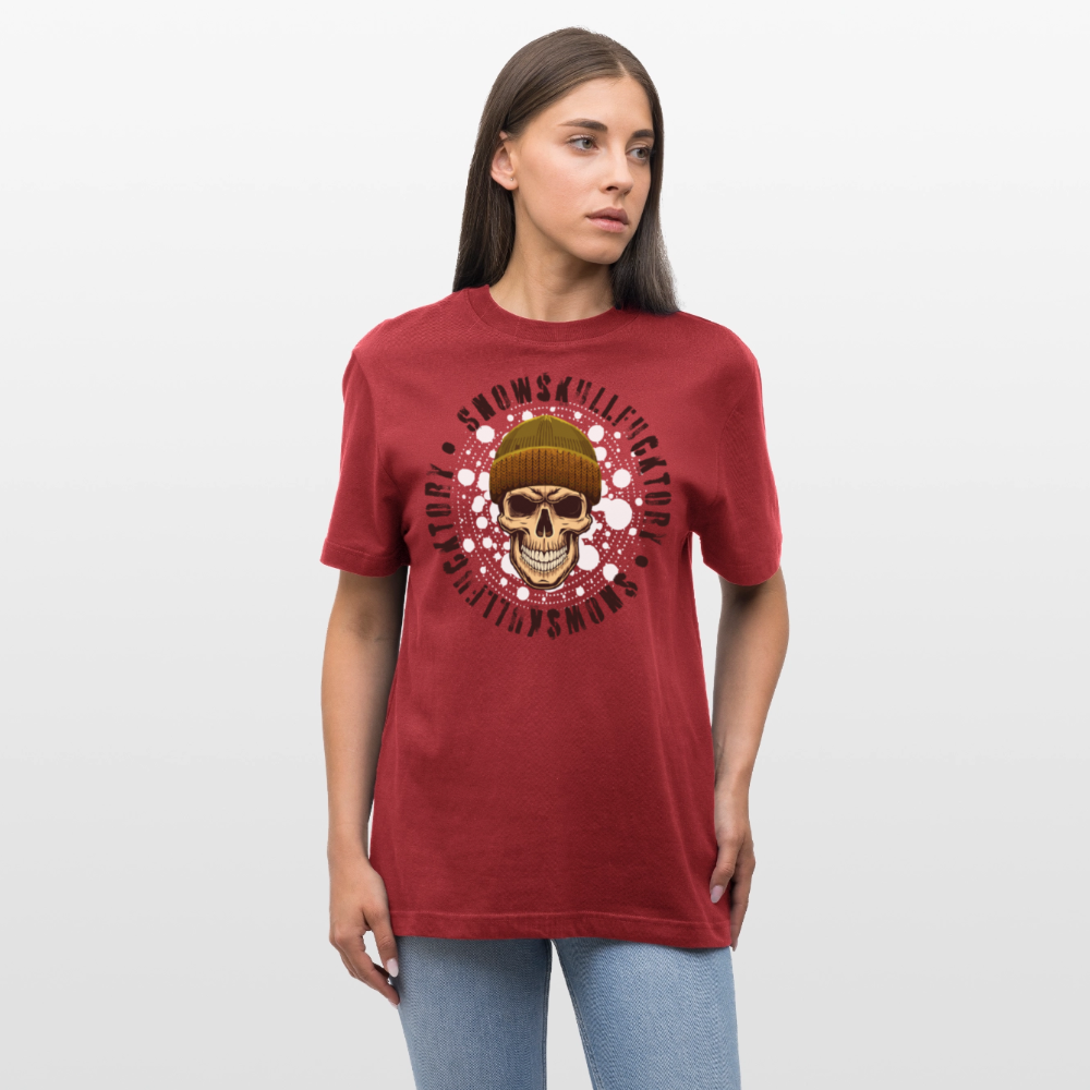 Relaxed Fit Unisex Bio-T-Shirt mit SNOWSKULL FUCKTORY PRINT Vorderseite - Erdrot