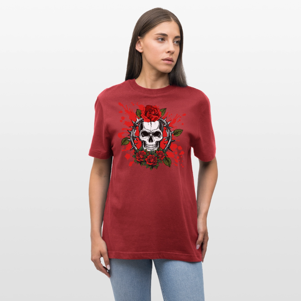 Relaxed Fit Unisex Bio-T-Shirt mit  ROSEN SKULL PRINT Vorderseite - Erdrot