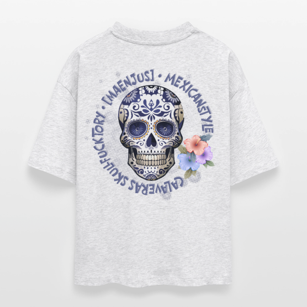 Frauen Boxy Bio-T-Shirt mit MAENJUS MEXICANSTYLE PRINT Vorder- und Rückseite - Weiß meliert