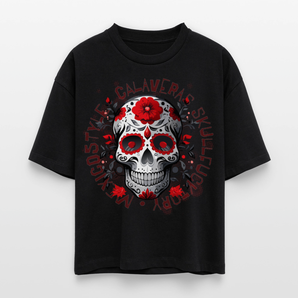 Frauen Boxy Bio-T-Shirt mit CALAVERAS SKULL PRINT - Schwarz