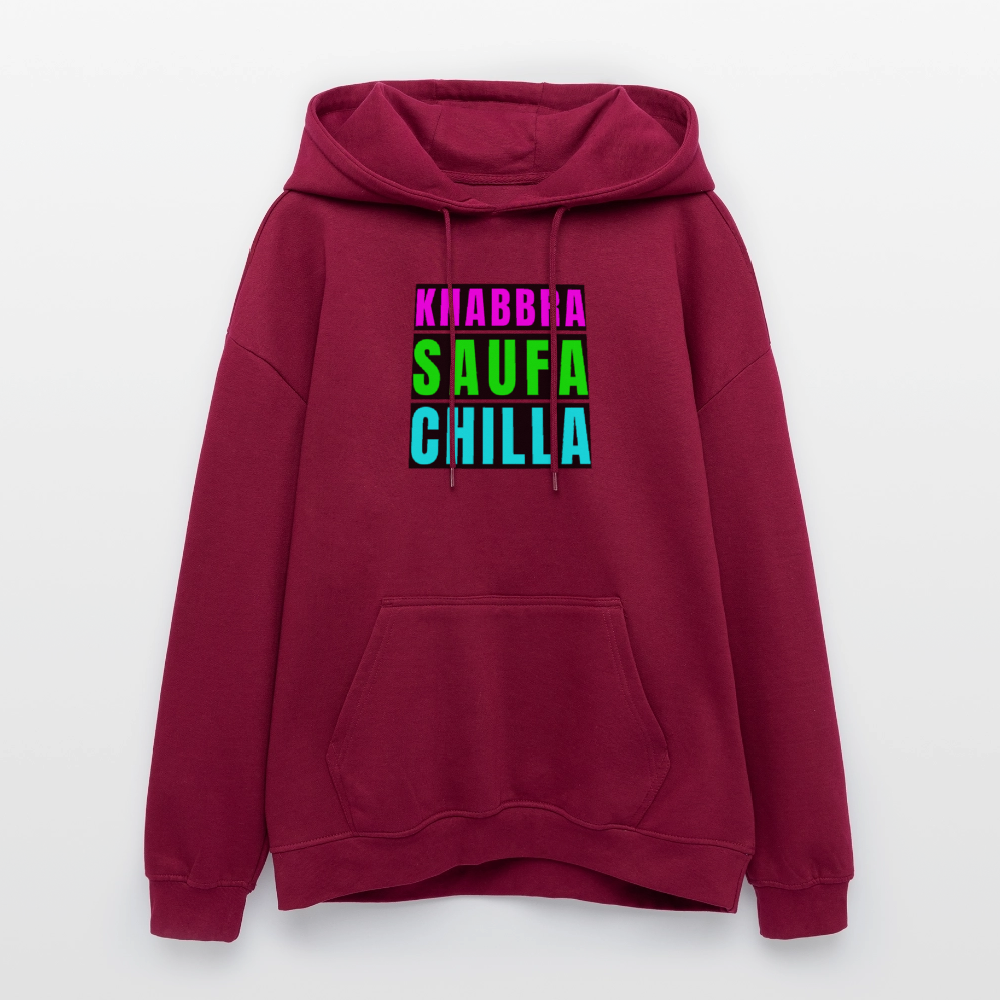 Oversized Unisex Hoodie mit KNABBRA SAUFA CHILLA PRINT - Burgunderrot
