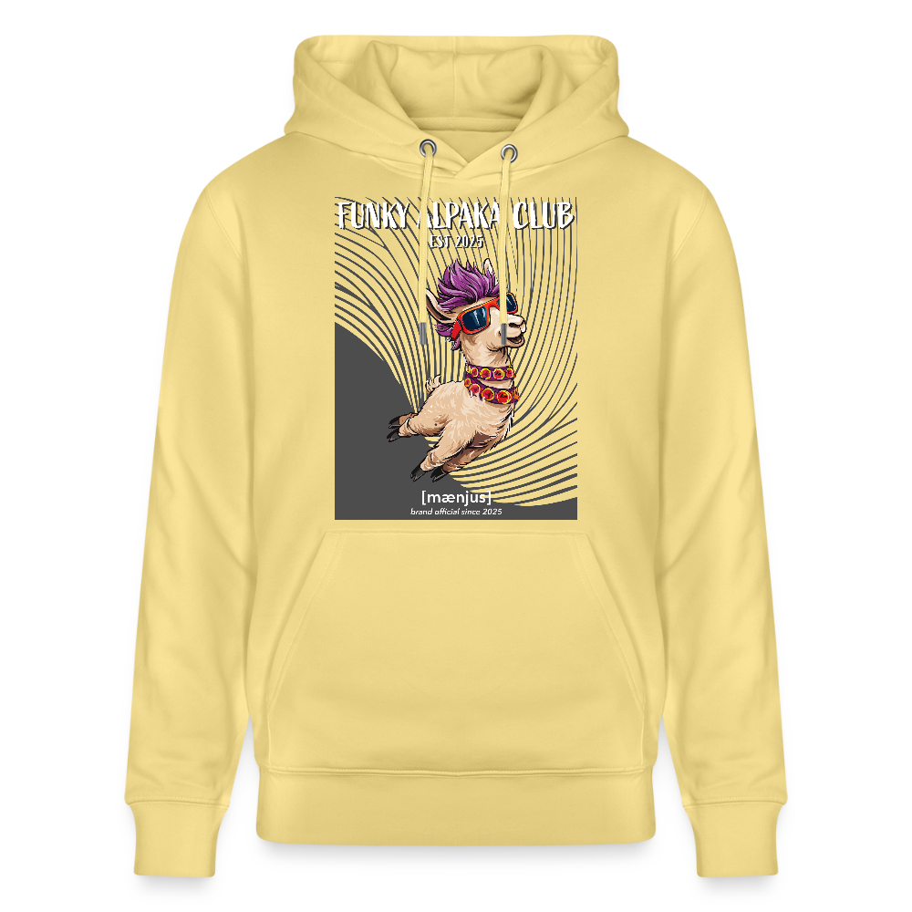 Unisex Bio-Hoodie mit FUNKY ALPAKA CLUB PRINT Vorderseite - Gelb Viva