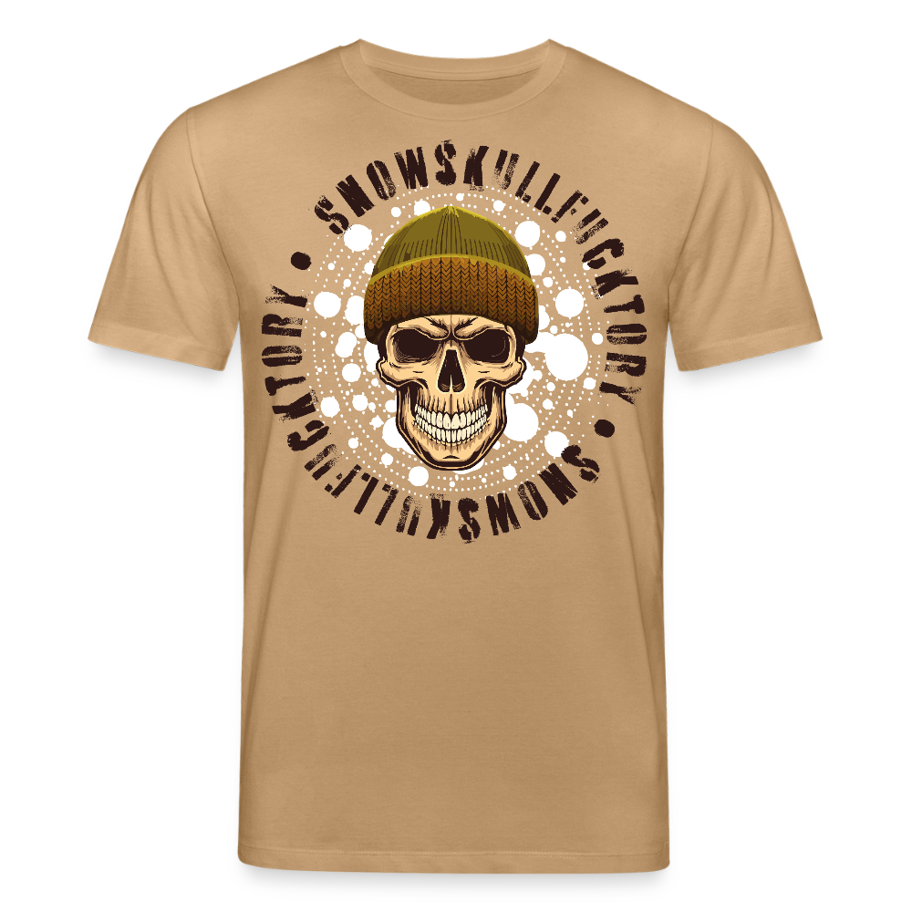Unisex Bio-T-Shirt mit SNOWSKULL FUCKTORY PRINT Vorderseite - Karamell