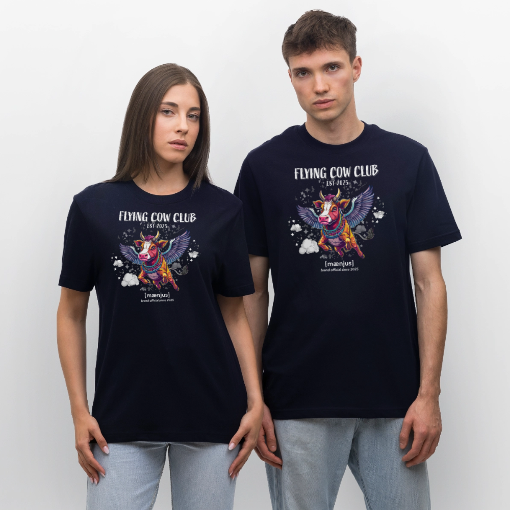 Unisex Bio-T-Shirt mit FLYING COW CLUB PRINT Vorderseite - Navy