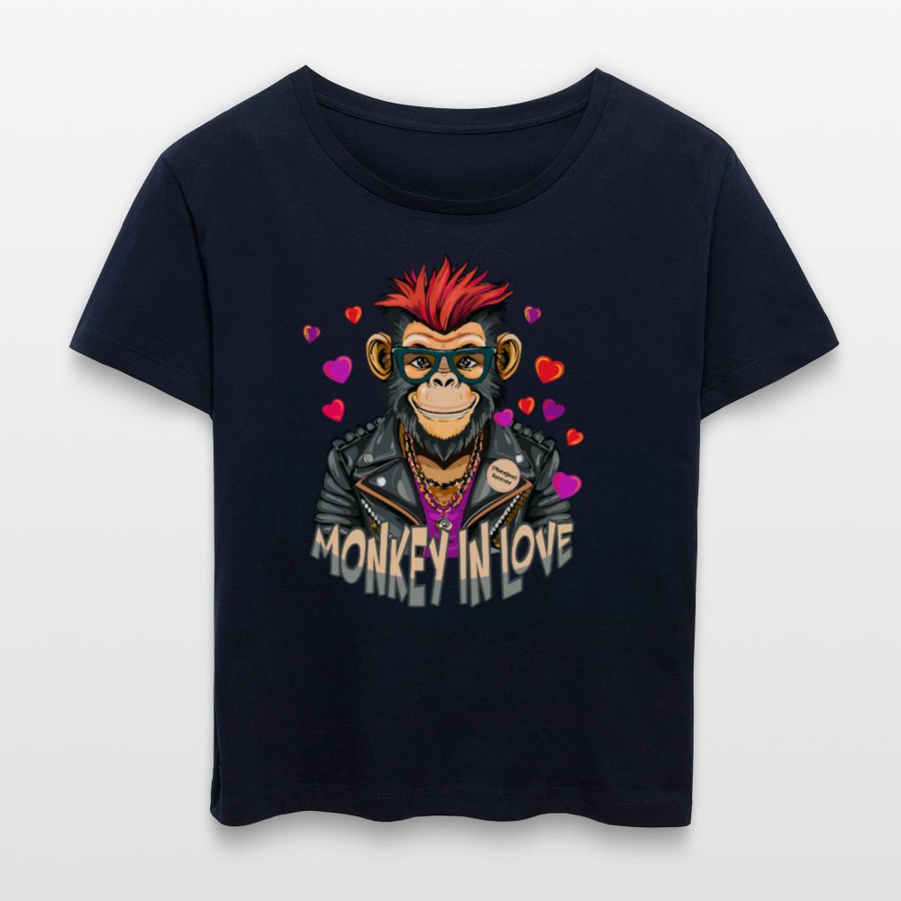 Frauen T-Shirt mit MONKEY IN LOVE PRINT - Navy