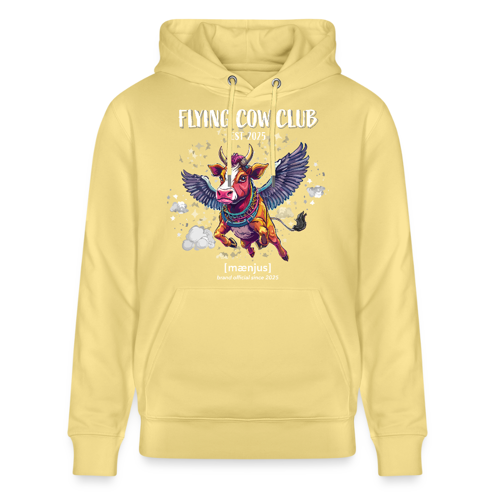 Unisex Bio-Hoodie mit FLYING COW CLUB PRINT Vorderseite - Gelb Viva