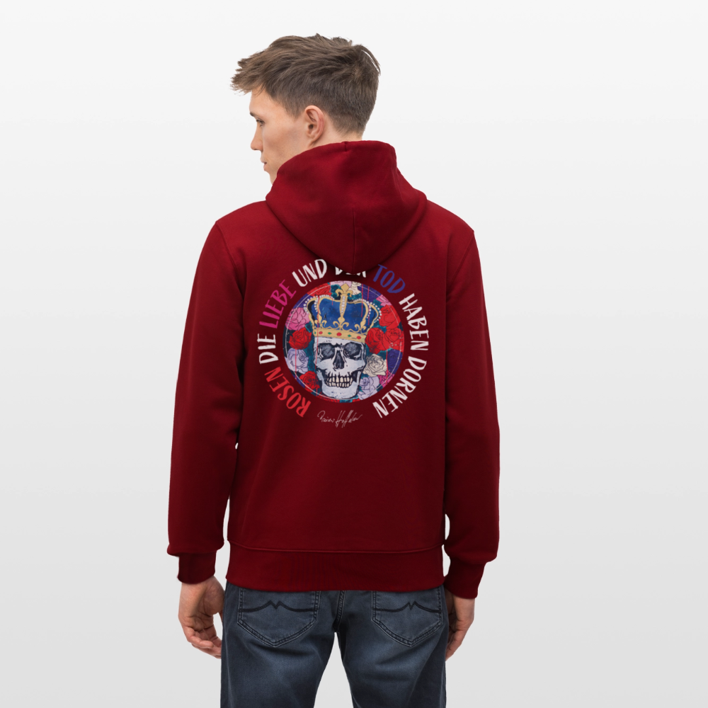 Unisex Bio-Kapuzenjacke mit ROSEN DIE LIEBE UND DER TOD HABEN DORNEN PRINT - Burgunderrot