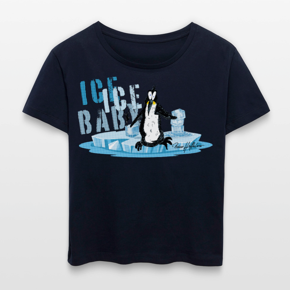 Relaxed Rundhals Frauen Bio-T-Shirt mit ICE ICE BABY PINGUIN PRINT - Navy