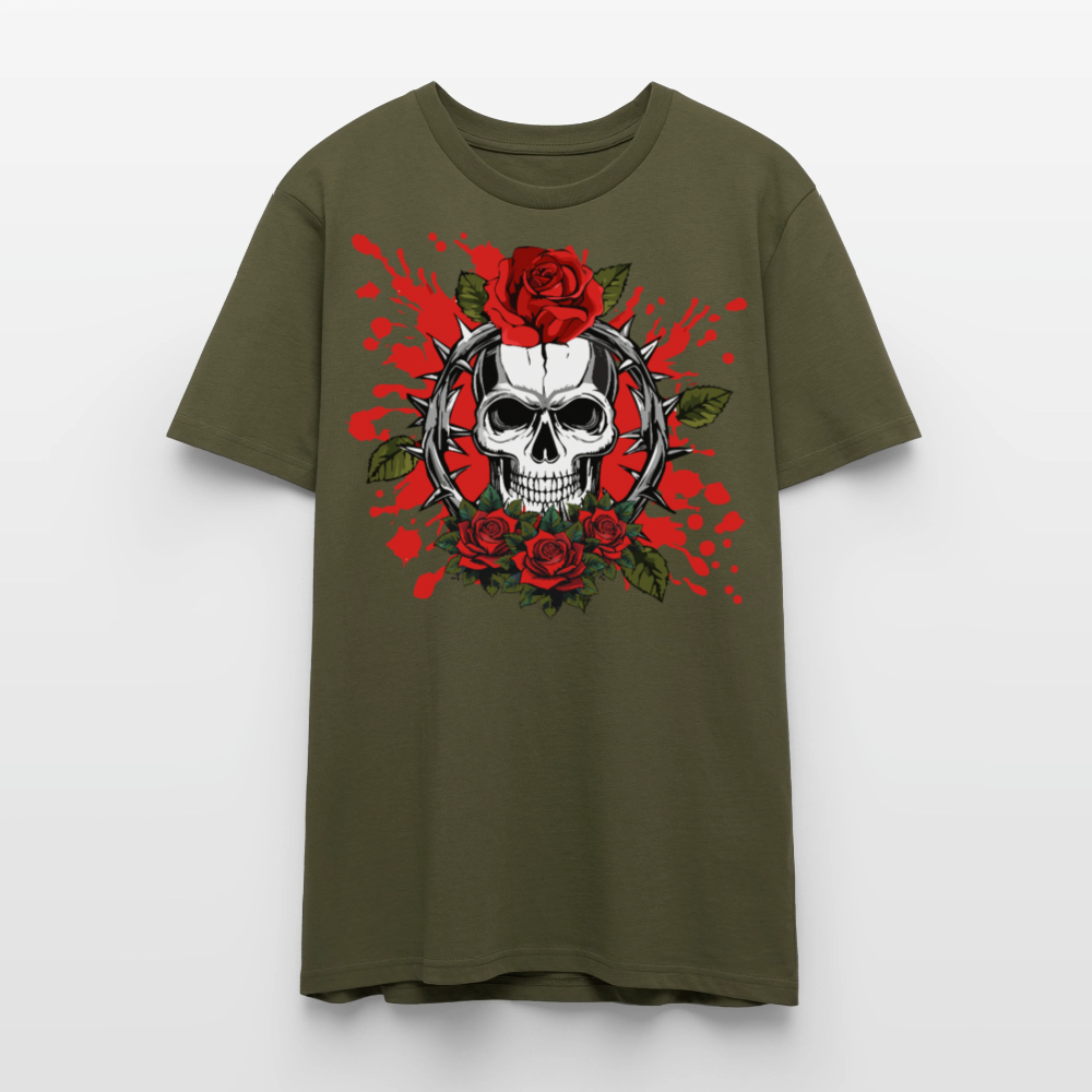 Unisex T-Shirt mit ROSEN SKULL PRINT Vorderseite - Khaki