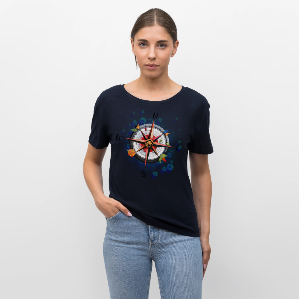 Frauen Rundhals T-Shirt mit WINDROSE PRINT - Navy