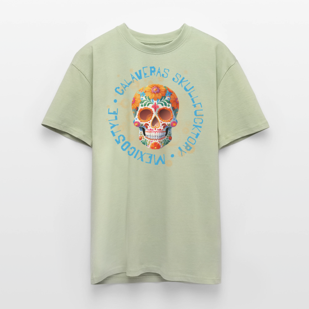 Heavy Oversize T-Shirt mit CALAVERAS SKULL PRINT - Leichtes Salbeigrün