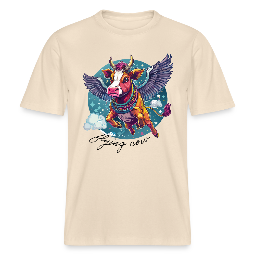 Relaxed Fit Unisex Bio-T-Shirt mit FLYING COW PRINT Vorderseite - Weißgrau