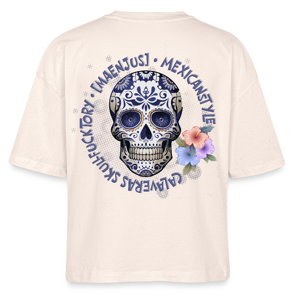 Frauen Boxy Bio-T-Shirt mit MAENJUS MEXICANSTYLE PRINT Vorder- und Rückseite - Weißgrau