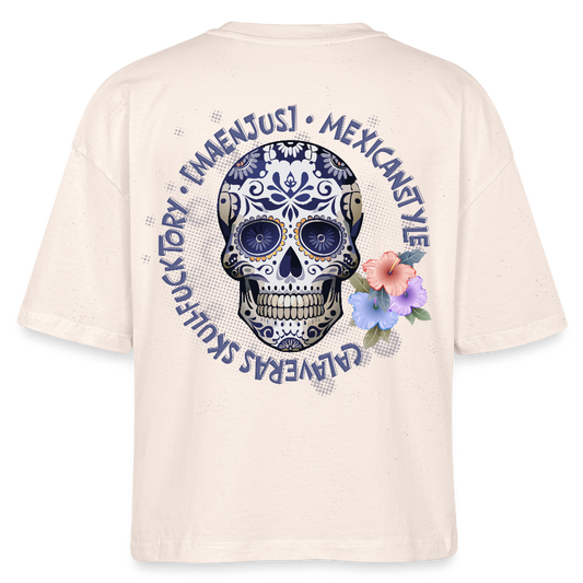 Frauen Boxy Bio-T-Shirt mit MAENJUS MEXICANSTYLE PRINT Vorder- und Rückseite - Weißgrau