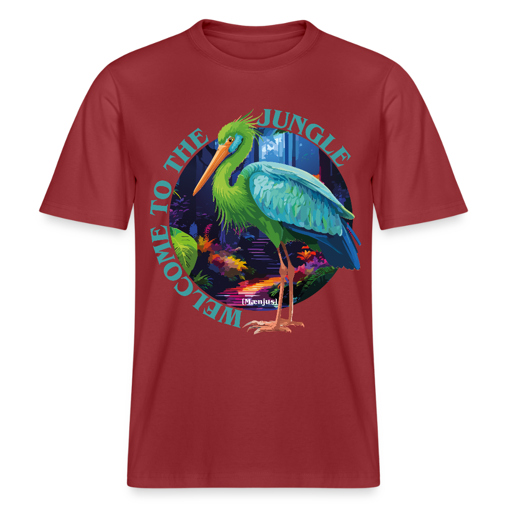 Relaxed Fit Unisex Bio-T-Shirt mit WELCOME TO THE JUNGLE PRINT Vorderseite - Erdrot