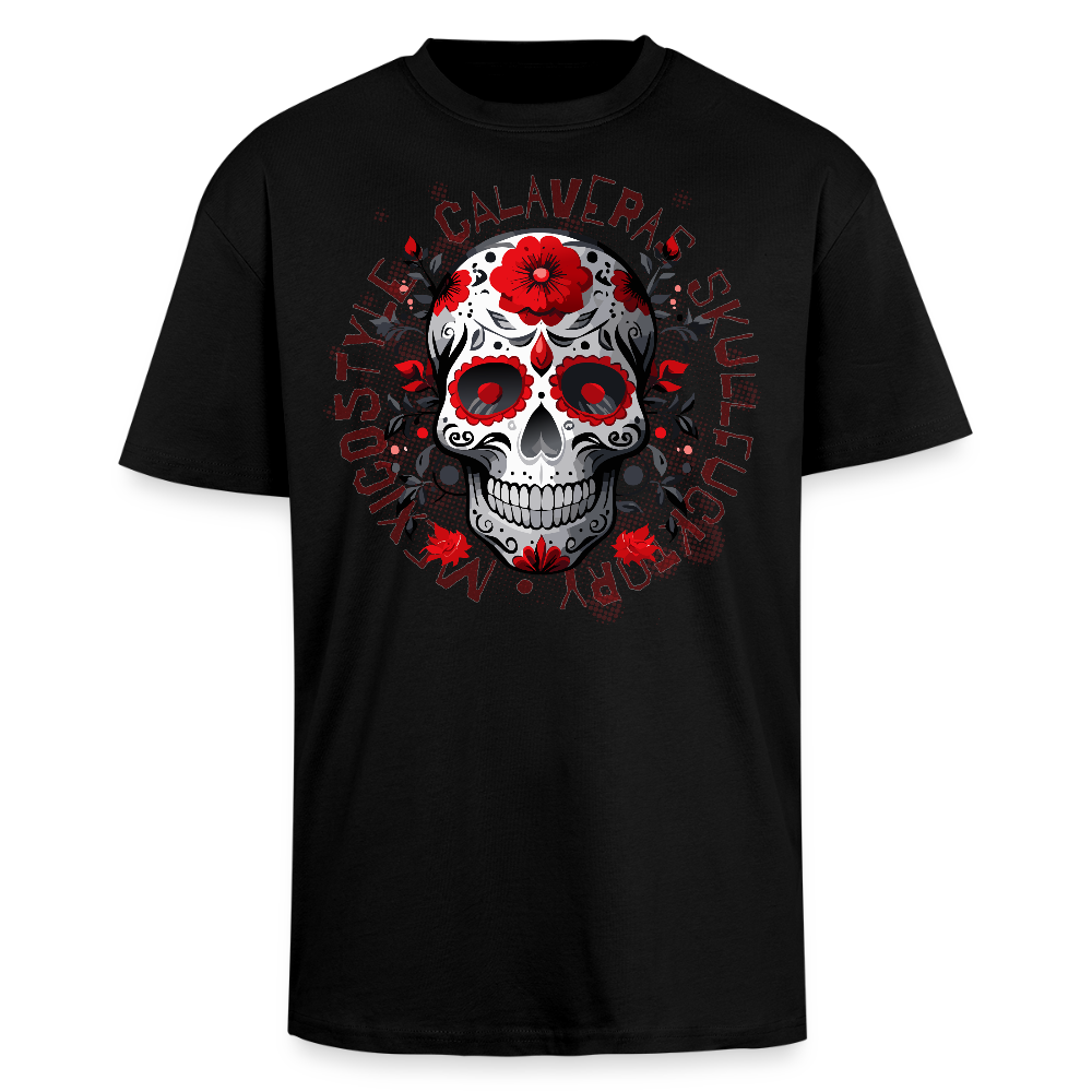 Heavy Oversize T-Shirt mit CALAVERAS SKULL PRINT Vorderseite - Schwarz