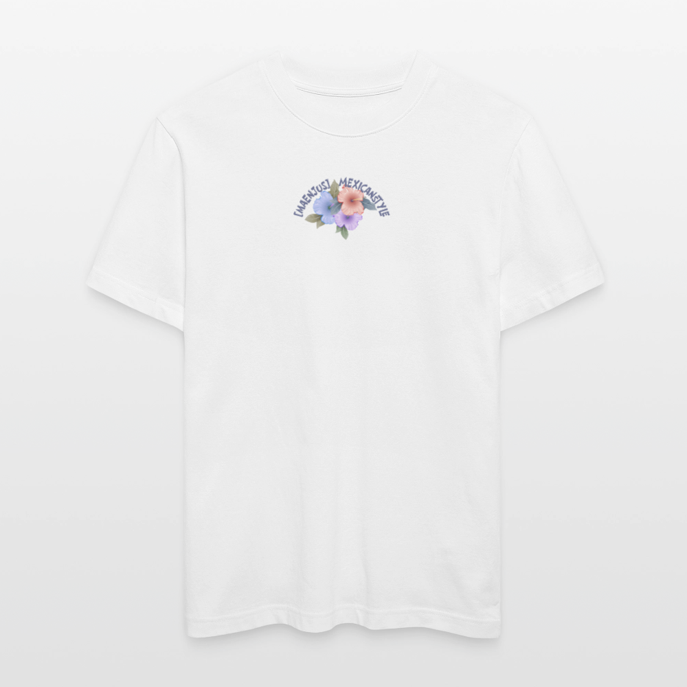 Relaxed Fit Unisex Bio-T-Shirt mit MAENJUS MEXICANSTYLE PRINT Vorder- und Rückseite - Weiß