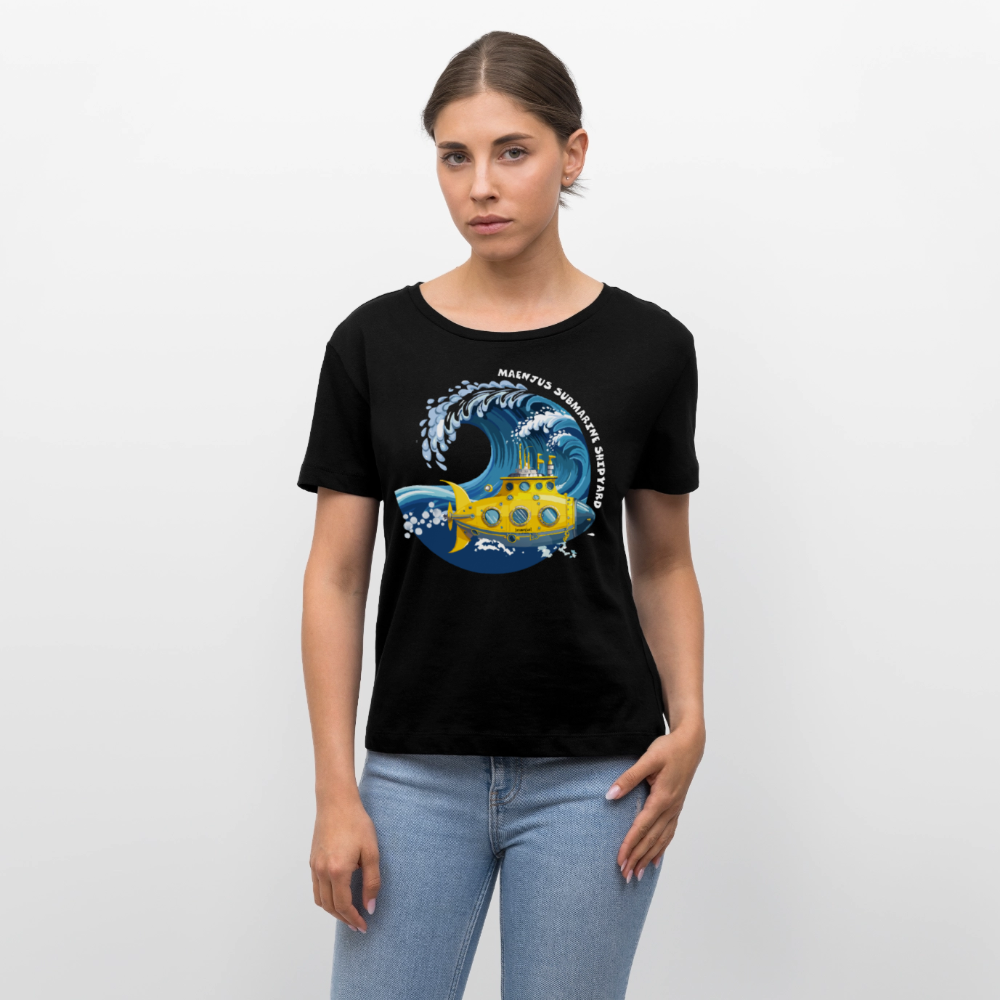 Relaxed Rundhals Frauen Bio-T-Shirt mit MAENJUS SUBMARINE SHIPYARD PRINT - Schwarz