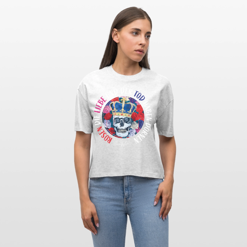 Frauen Boxy Bio-T-Shirt mit ROSEN DIE LIEBE UND DER TOD HABEN DORNEN PRINT - Weiß meliert