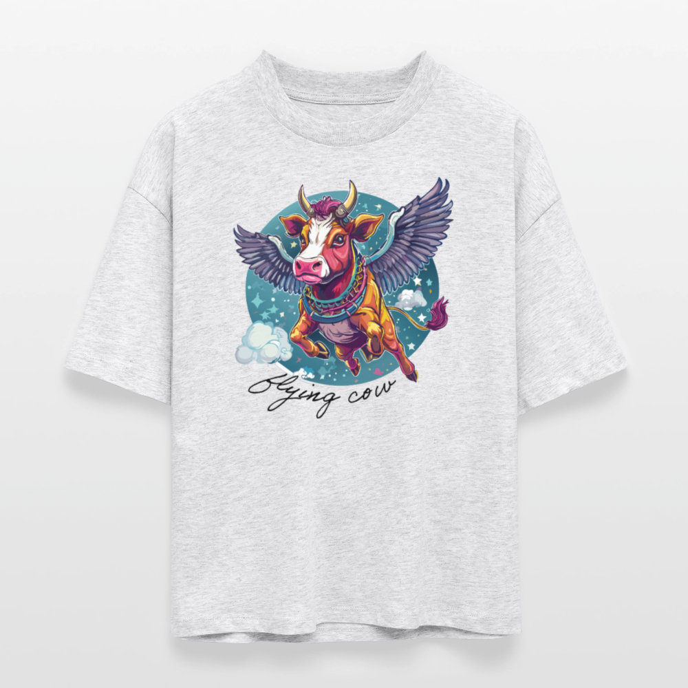 Frauen Boxy Bio-T-Shirt mit FLYING COW PRINT - Weiß meliert