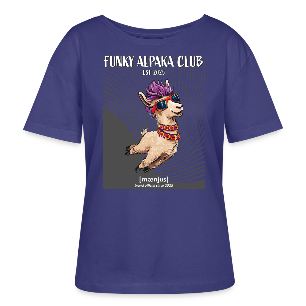 Relaxed Rundhals Frauen Bio-T-Shirt mit FUNKY ALPAKA CLUB PRINT - Dämmerung