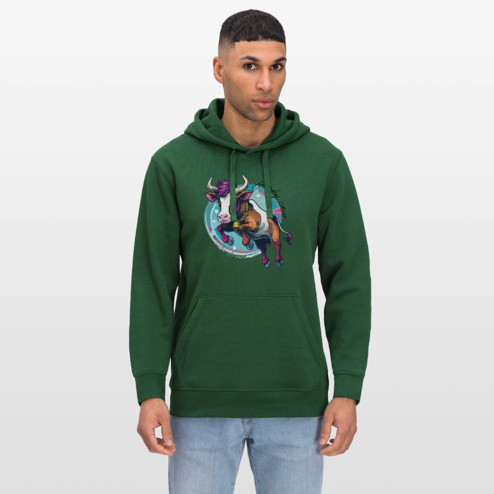 Unisex Bio-Hoodie mit FUNKY COW PRINT Vorderseite - Flaschengrün